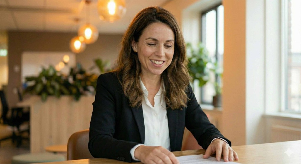 Professional die lachend haar mail leest