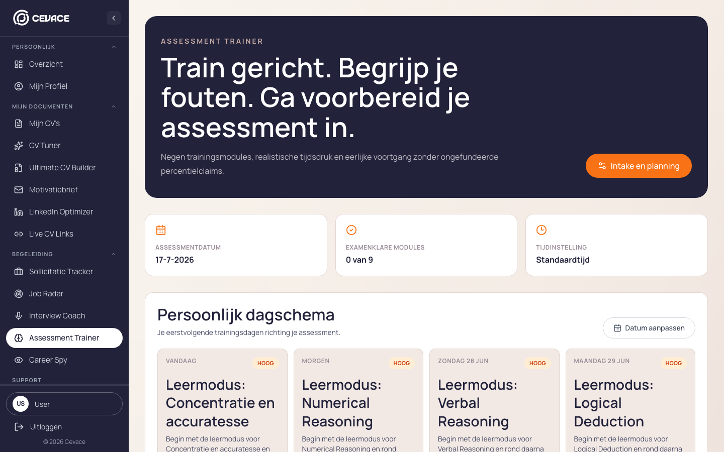 Assessment Trainer dashboard met dagschema en modules